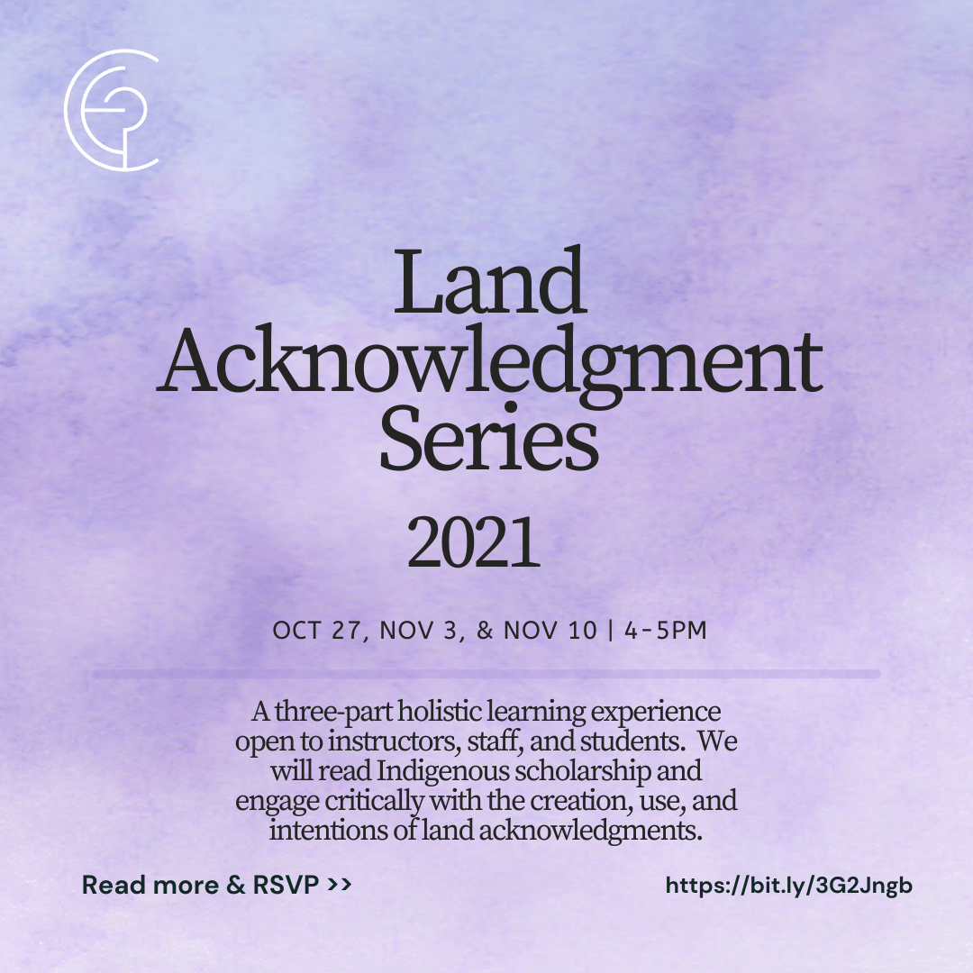 A flyer for the 2021 Land Acknowledgement series on a purple watercolor background. 