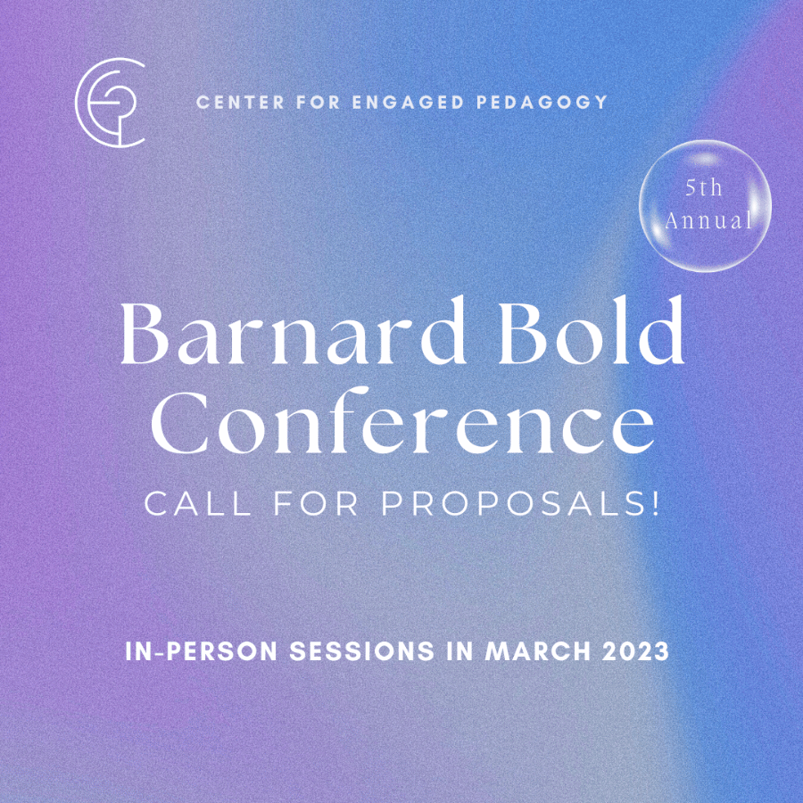 Barnard Bold Conference flier on a blue and purple background. 