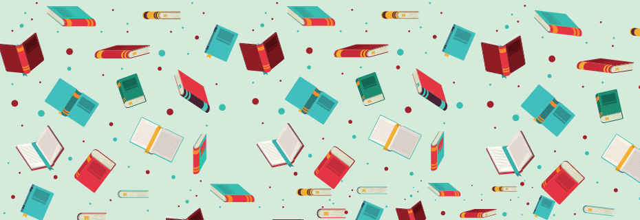 Books in different colors scattered around a light green banner