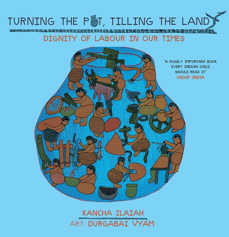 Front page of a book entitled "Turning the Pot, Tilling the Land." The page has a sky blue background and features a centered drawing of a variety of people doing tasks such as knitting, throwing pottery, carrying cylindrical objects, and leading animals, all within a blue vase-like vessel.