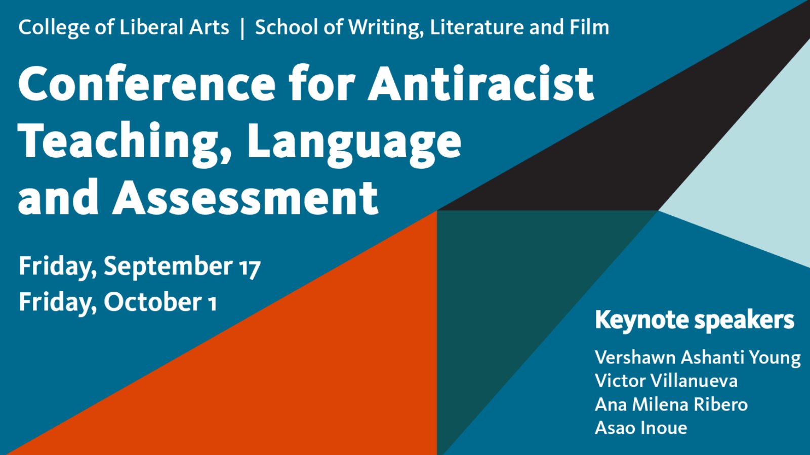 Black, orange, green, and light blue triangles on blue background with "Conference for Antiracist Teaching, Language, and Assessment" in light blue font.