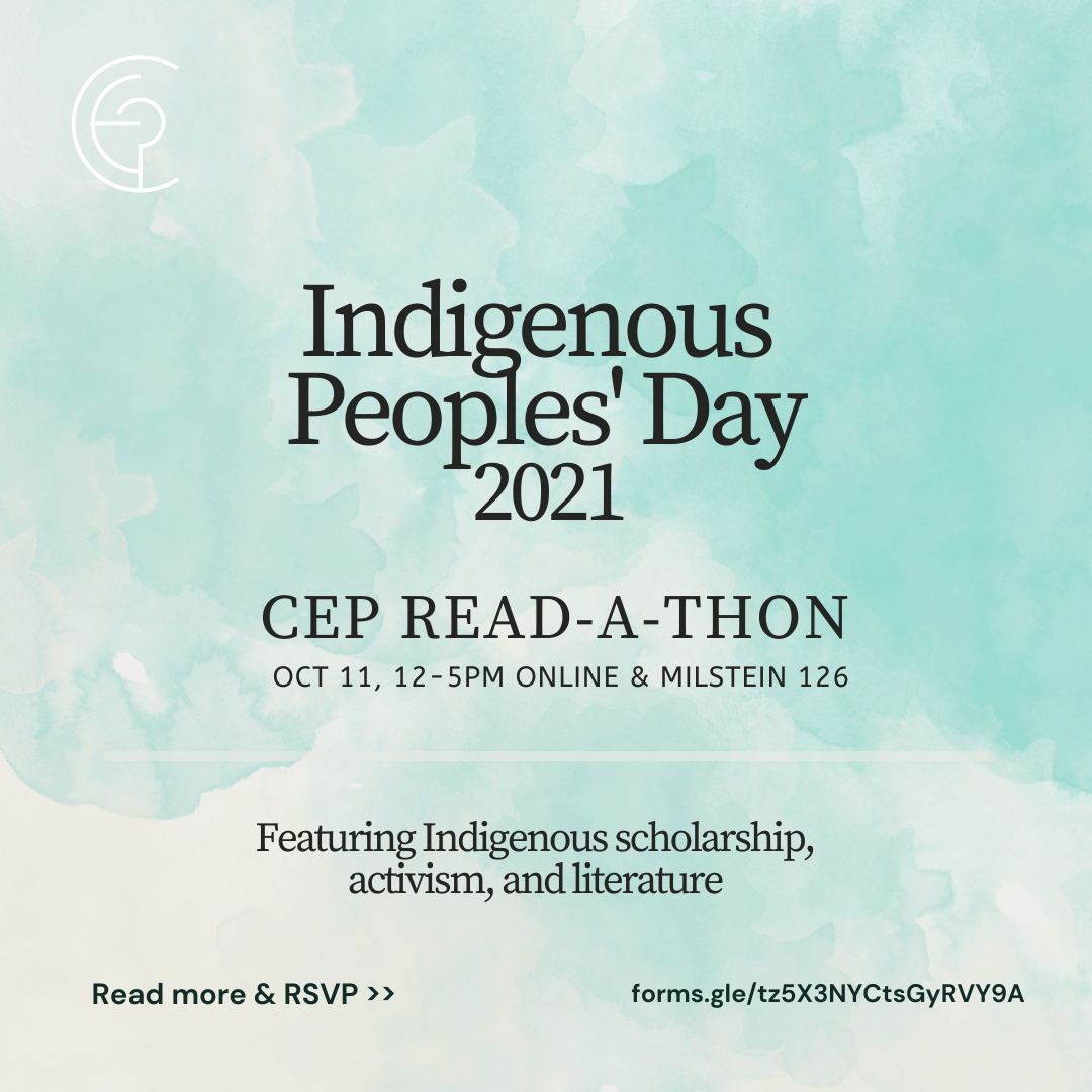 Blue and cream watercolor background with text: "Indigenous Peoples' Day 2021 CEP Read-A-Thon"