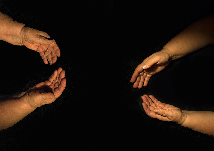 Danica Knezevic's Creation of a Carer (2016) is a photograph of the artist's outstretched arms and hands. Knezevic's art explores the negotiations between self and other in the context of care work.