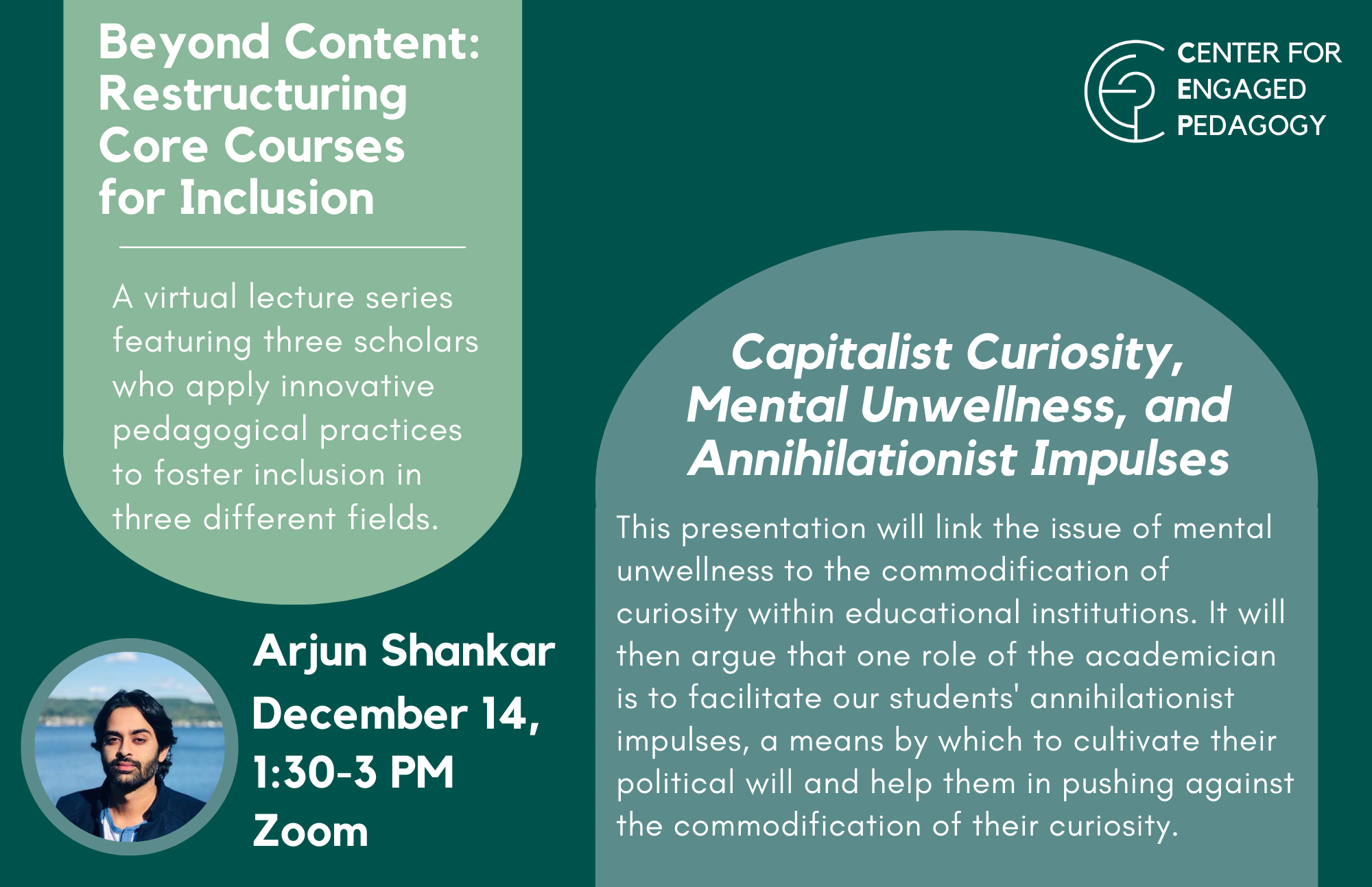 promotional material for arjun shankar's beyond content lecture, 2022