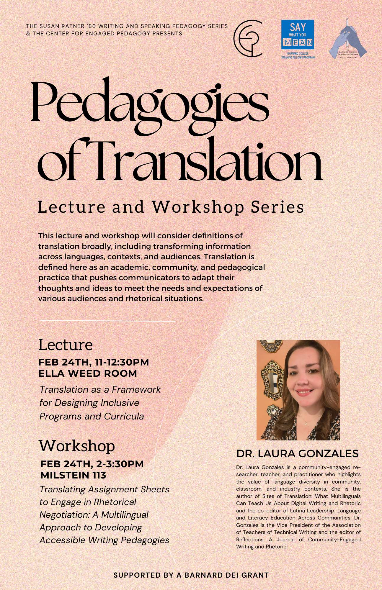 Pedagogies of Translation event details on orange background.