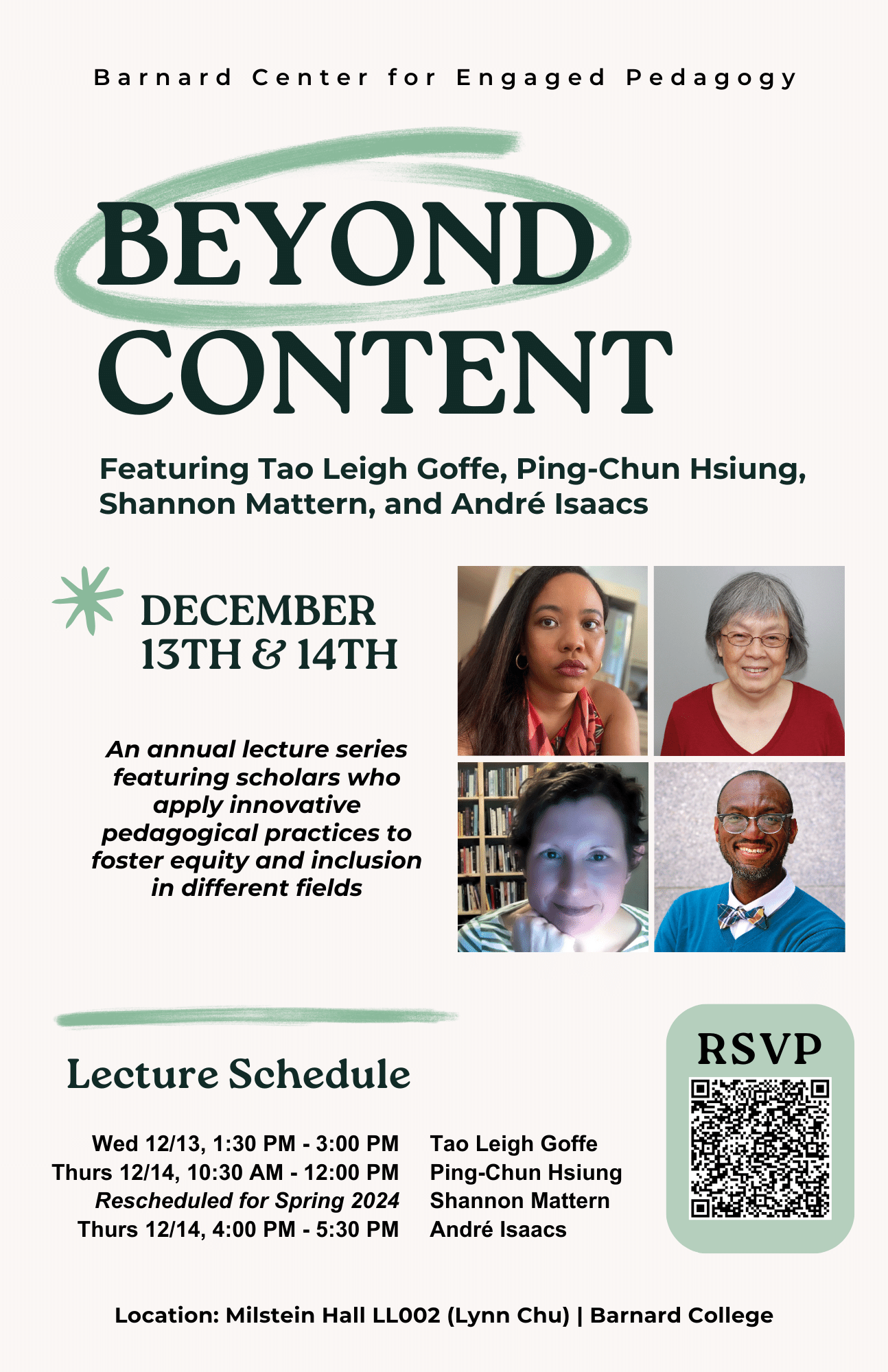 A graphic reading "Beyond Content" with the photos of four speakers and event details. 