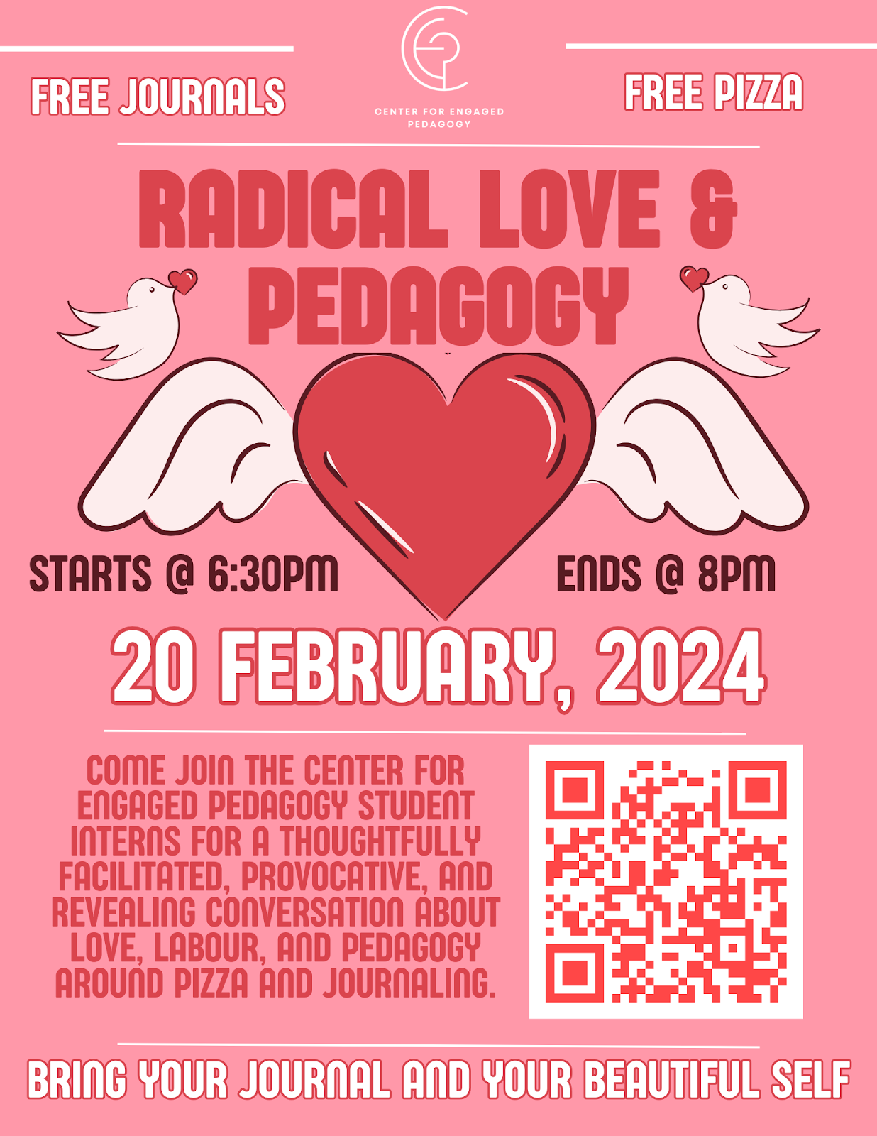 Poster advertising the Radical Love and Pedagogy poster. Red heart graphic with wings on pink background.