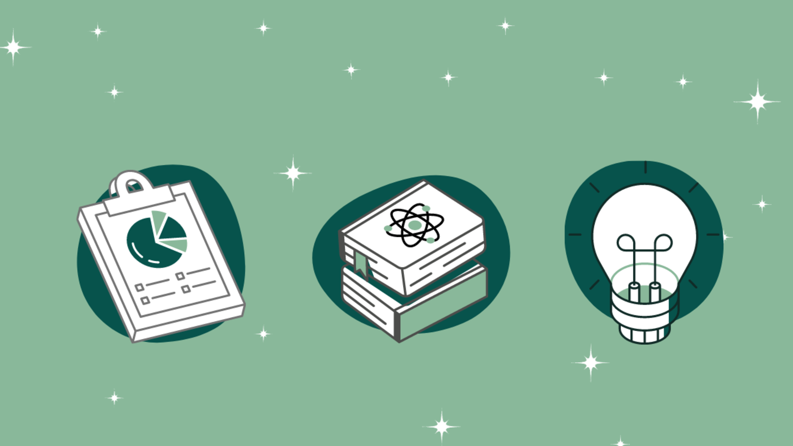A clipboard, a stack of books, and a lightbulb on a green background with stars.