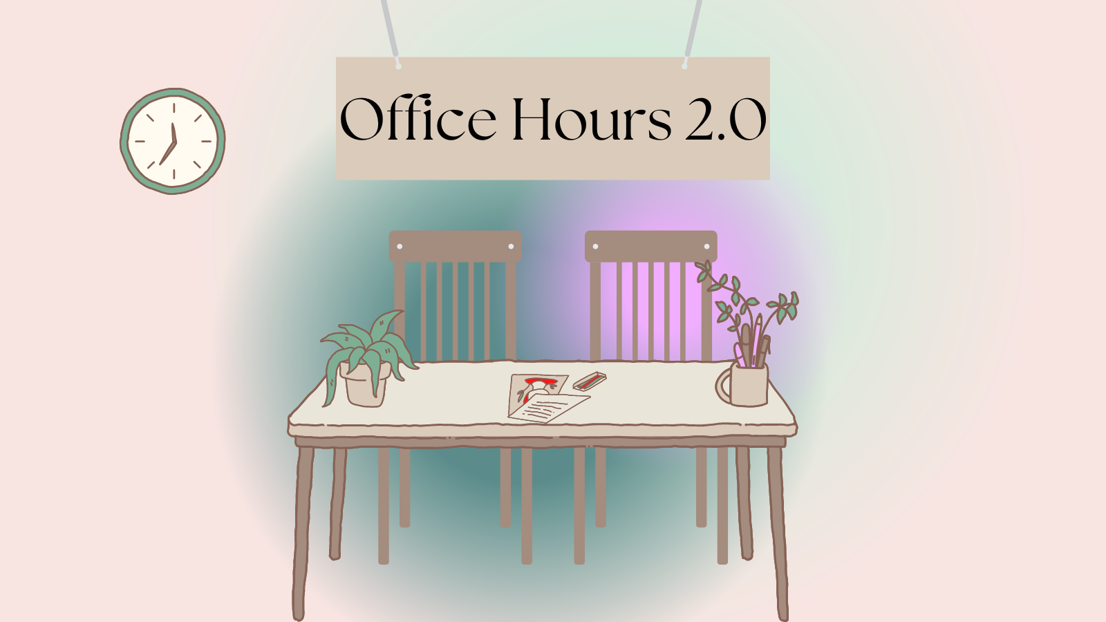 An illustration of chairs around a desk with a potted plant, papers, and pens on its surface.