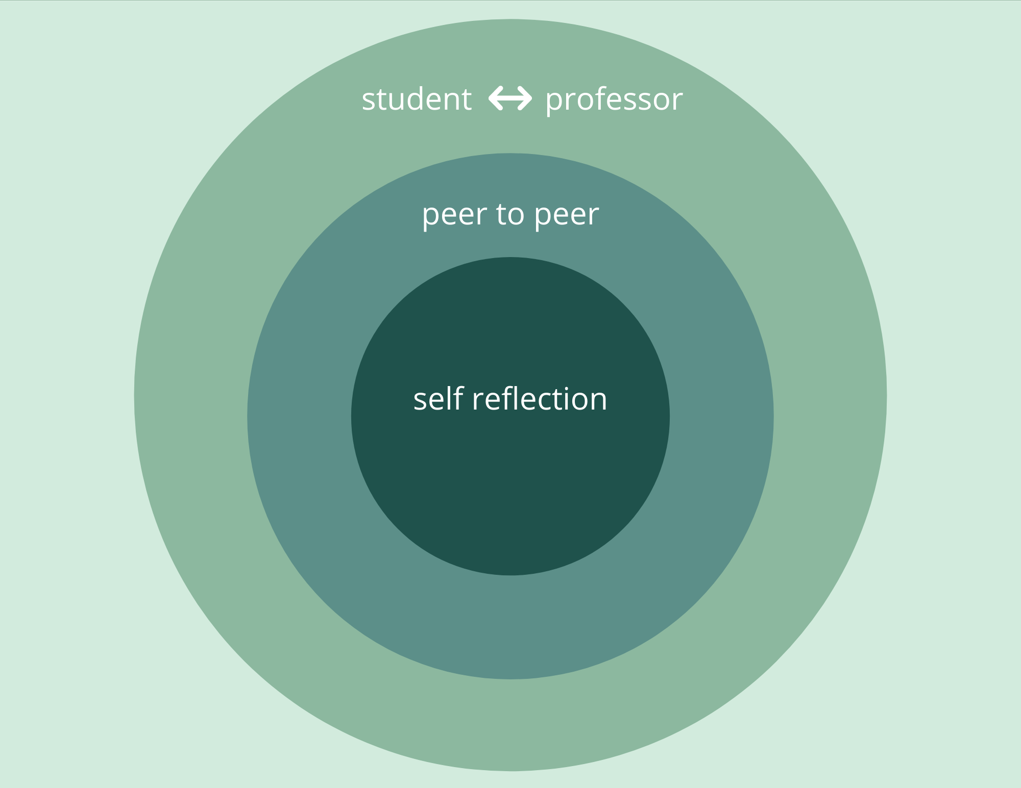 Diagram with overlapping circles, each representing a tier of feedback. Smallest circle labeled "self reflection," second circle labeled "peer to peer," third circle labeled with a two-way arrow between "student" and "professor." 